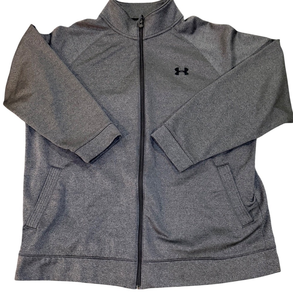 Under Armour Mens 2XL Gray Full Zip Fleece Track Jacket Loose Fit Mock Neck Logo